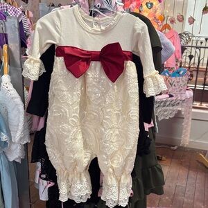 Cream Lace Baby Romper with Red Bow